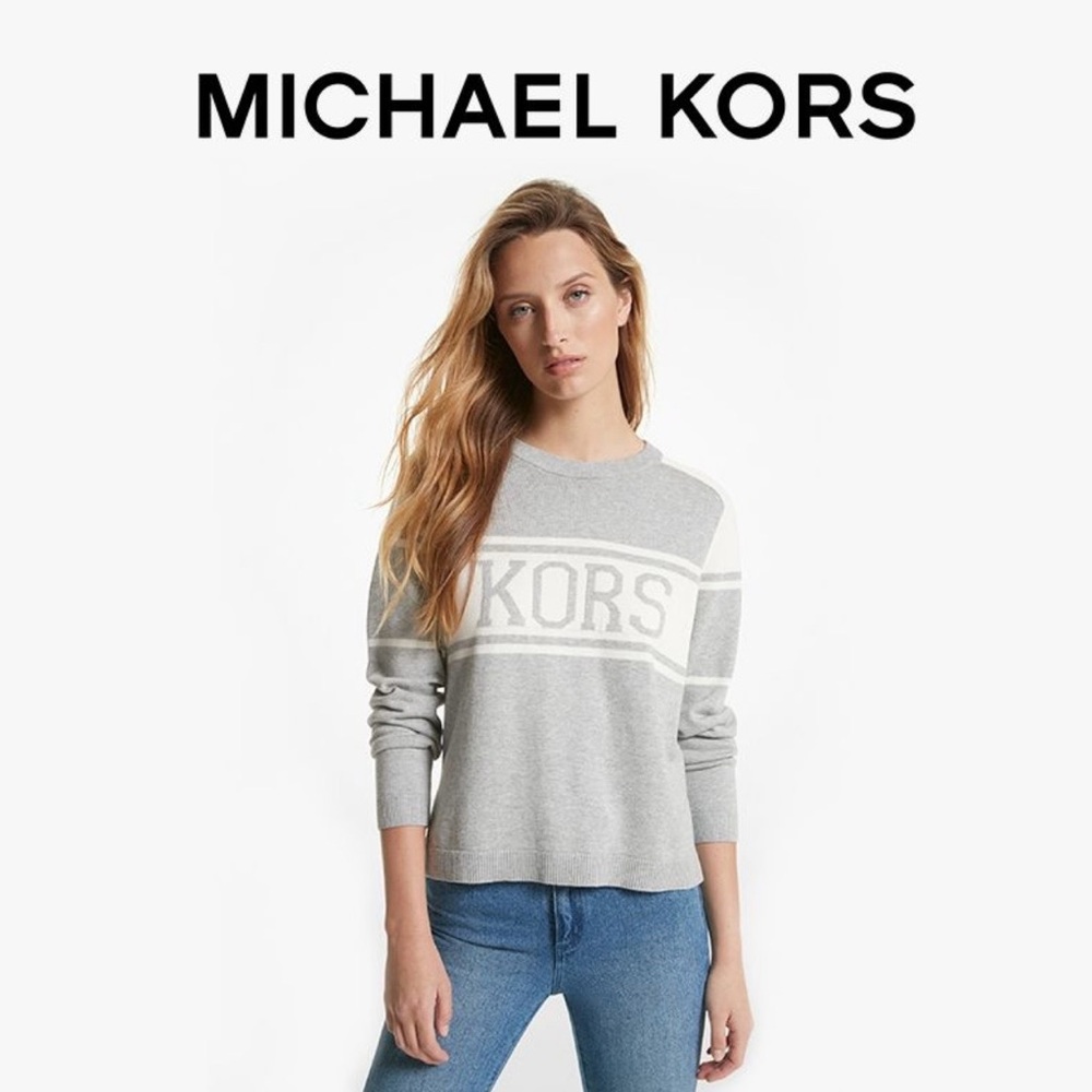 Michael Kors Grey‎ Colorblock Varsity Sweater Academia Preppy Cozy Stylish Logo